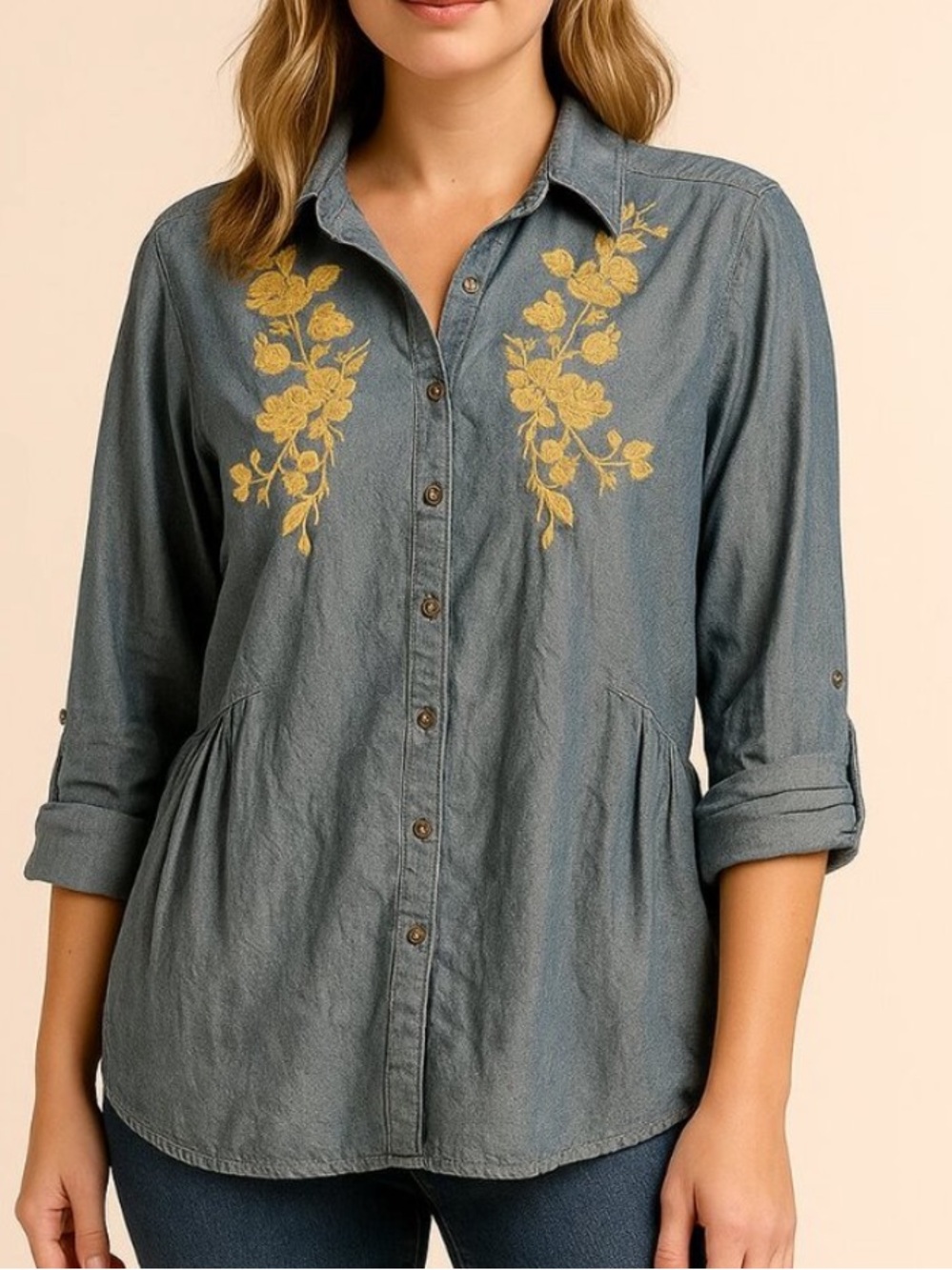 KNOX ROSE Women’s Blue Chambray Tan Embroidery Cotton Rayon Button Down Shirt